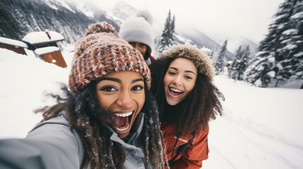 Happy Couple Taking a Playful Selfie during a Snowball Fight in a Winter Wonderland. - 650426283