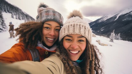 Happy Couple Taking a Playful Selfie during a Snowball Fight in a Winter Wonderland. - 650426285