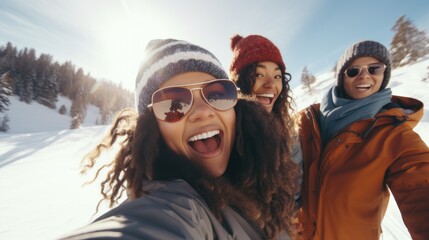 Happy Couple Taking a Selfie in the Snowy Mountains. - 650426294