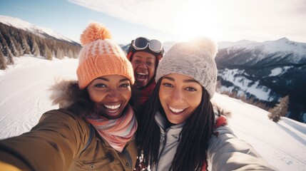 Happy Couple Taking a Selfie in the Snowy Mountains. - 650426299