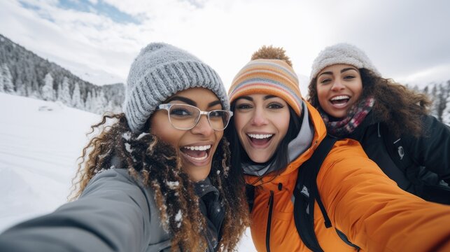 Happy Couple Taking a Selfie in the Snowy Mountains.