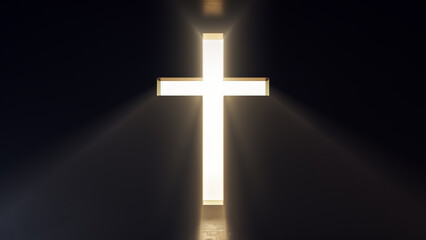 Cross shaped opening in a dark room with bright light shining through, religious symbol, concept of salvation, Christianity, 3D Render, 3D illustration.