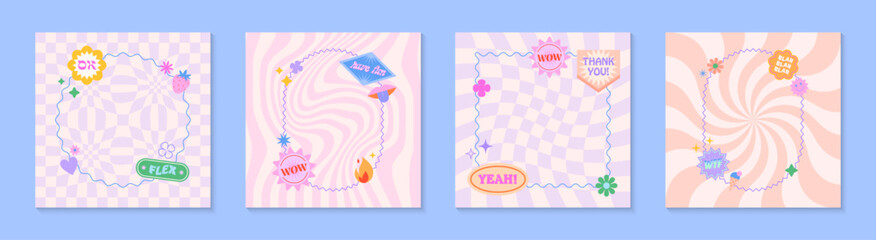 Illustrations with patches and stickers in 90s style.Vector templates in y2k aesthetic with frames,chess,spiral,wavy backgrounds.Funky designs for banners,smm,branding,packaging,covers