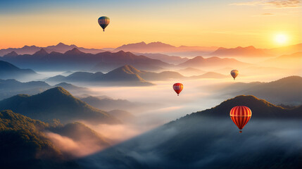 Adventure in the Skies: Hot Air Balloons Rise Above Foggy Valleys and Mountain Ranges at Sunrise. Generative AI.
