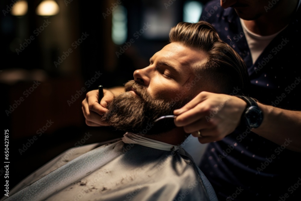 Wall mural A barber shaves and styles his beard in a barber shop. Styling a beard with a barber.