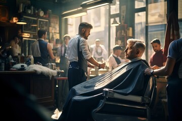 A busy barbershop scene with clients waiting their turn, set against the backdrop of a bustling, sunlit salon on a vibrant weekend morning