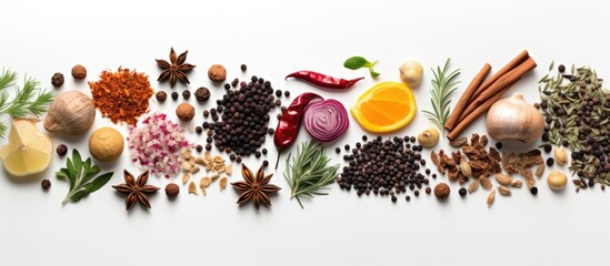 Top view of different herbs and spices separated on a white backdrop - obrazy, fototapety, plakaty