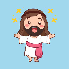 Sticker of Cute Jesus Christ: Hand Drawn Vector, Kawaii Illustration, Chibi Character, Clip Art, Isolated Background. Christian Bible for the Little Ones. Mascot Logo Icon