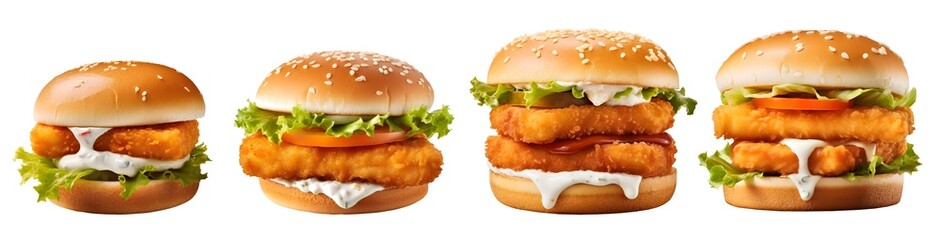 Set of single and double fish fillet burger on transparent background cutout, PNG file. Many...