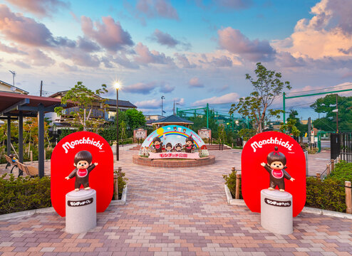 tokyo, japan - sep 12 2023: Entrance of the Monchichi Parc at sunset in Shinkoiwa, birthplace of the world widely famous Japanese stuffed monkey toys from the Sekiguchi Corporation known also as Kiki.