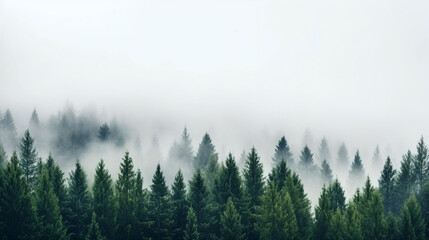 Pine trees in the fog - dark forest with dramatic light - generative AI