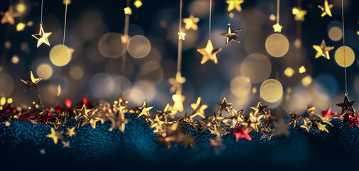 Magic blue holiday abstract glitter background with blinking stars. Blurred bokeh of Christmas...