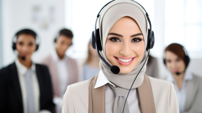 A muslim woman in jijab is wearing a headset. Call center operator. Photorealistic image, blurred call center in background.