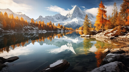 autumn landscape with mountains in the background reflecting in a peaceful lake - generative AI