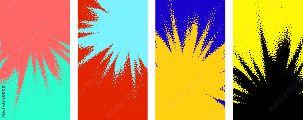 Poster set of colorful sunny rays gradient halftone dots backgrounds with space for text.