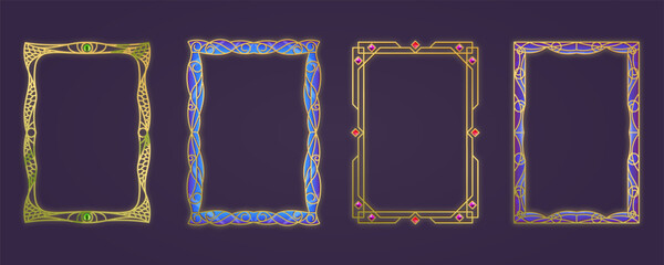 Set of golden vector frames in cartoon style. Gold frame in A4 format. Frame template with pattern, jewelry, stained glass, dragon scales, crystal eye. Isolated set of frames, mockup, illustration.