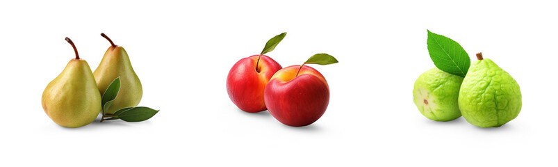 collection of organic natural full sliced pear, guava punch and nectarine peach fruit isolated on a transparent png background with shadows, for online menu shopping list ready for any background