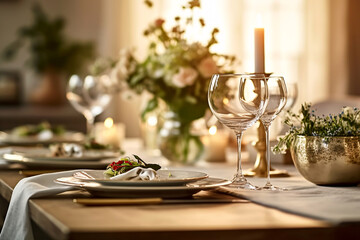 Elegant table setting with candles in restaurant. Selective focus. Romantic dinner setting with candles on table in restaurant.
