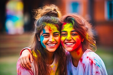 Two young female friends celebrating Holi party together