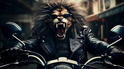 Badass angry biker lion with sunglasses and black leather coat riding motorbike in the city street. Generative AI - obrazy, fototapety, plakaty