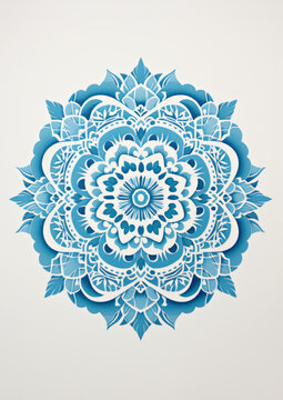 A blue and white drawing of a flower. Imaginary mandala illustration.