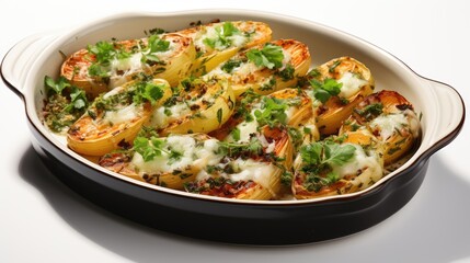 A casserole dish filled with cheese and vegetables. Imaginary food photo.