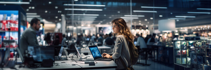 Woman using laptop in computer store, electronics shopping
