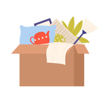 Charity Box Full Of Household Stuff. Humanitarian Help, Social Care Cartoon Vector Illustration