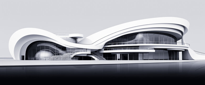 edificio de construcci&oacute;n futurista de l&iacute;neas curvas en blanco y negro