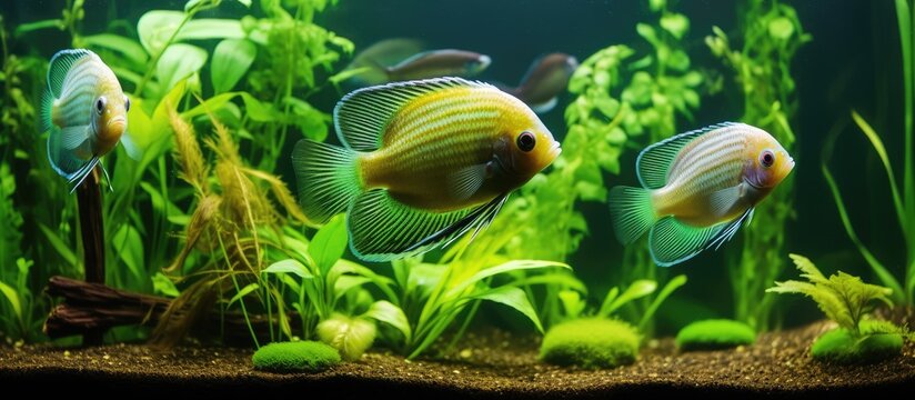 Dwarf gourami fish in a close up home aquarium with beautiful green plants