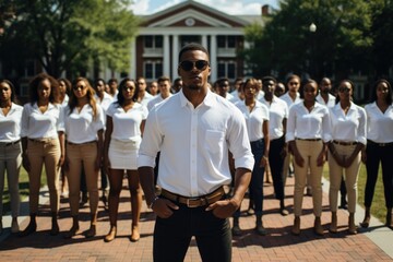 A man standing in front of a group of people. AI image. Imaginary club, fraternity group.