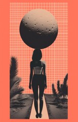 Girl from behind looking at the moon, collage style beautiful screenprint illustration, with risograph texture, and sensual beauty, Orange/peach Poster illustration