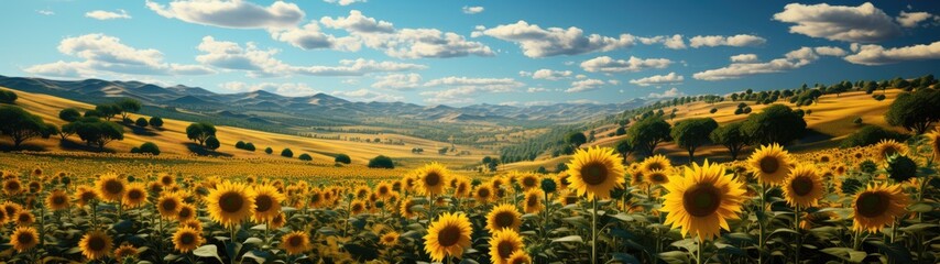 The sunflowers, with their radiant petals, light up the landscape, turning the field into a natural canvas of sunshine set against the natural landscape with mountains and trees