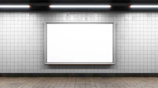 Blank billboard mock up in a subway station, underground interior. Urban light box inside.