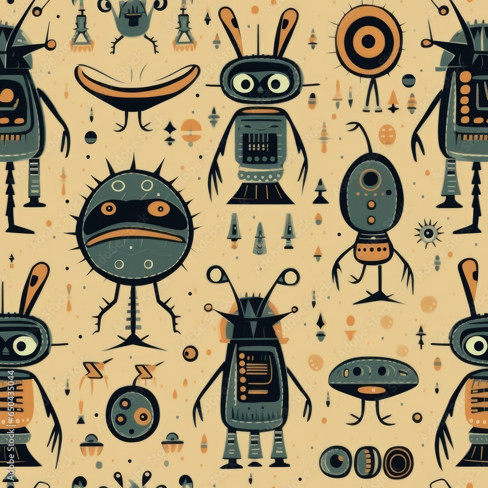 Aufkleber a group of cartoon robots on a beige background. ai image. seamless pattern.