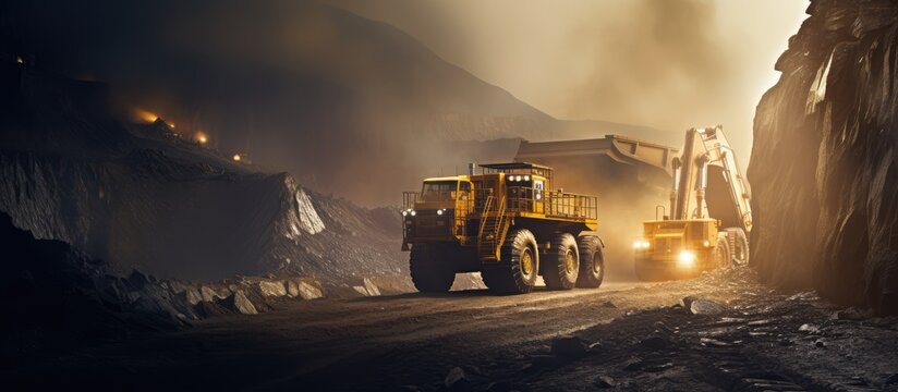 Coal being loaded onto a truck by a working excavator during mining