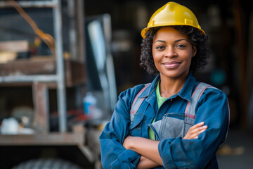 A portrait of a proud, strong, and skilled female African American construction worker wearing a hard hat. Showcasing toughness and professional competence in her field