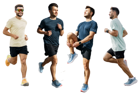 Multiple athlete workout fitness.  Runners are friends in sportswear in a T-shirt and full height. People male sports coach running instructor.