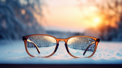 A pair of glasses sitting on top of snow covered ground. Photorealistic AI.
