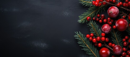 Festive decoration with evergreen branches and red berries on a dark backdrop