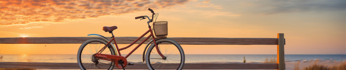 Naklejka premium A Beach Cruiser Bicycle on a Boardwalk Next to the Beach at Sunset, Golden Hour, Generative AI
