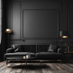 dark gray room with wooden floor, armchair and lamp dark gray room with wooden floor, armchair and lamp black and white interior design with a sofa and a black table, 3d illustration.