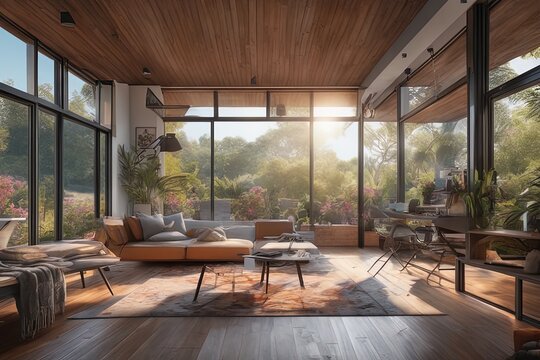 modern interior design of a living room with a wooden floor and a glass window. 3d rendering of a modern house modern interior design of a living room with a wooden floor and a glass window.