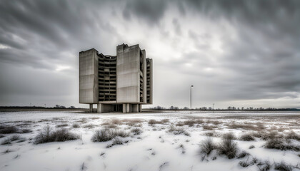 abandoned ruined concrete brutalist building in a snow covered desolate winter landscape