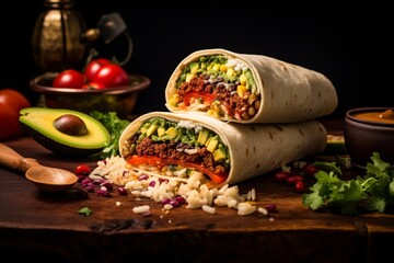 Professional food photography highlighting a mouthwatering burrito, a stuffed tortilla brimming...