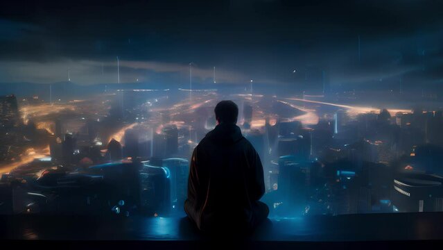 A Technomancer sits crosslegged on a rooftop, surrounded by a swirling vortex of holographic screens displaying intricate binary code, using their mind to decipher hidden secrets buried
