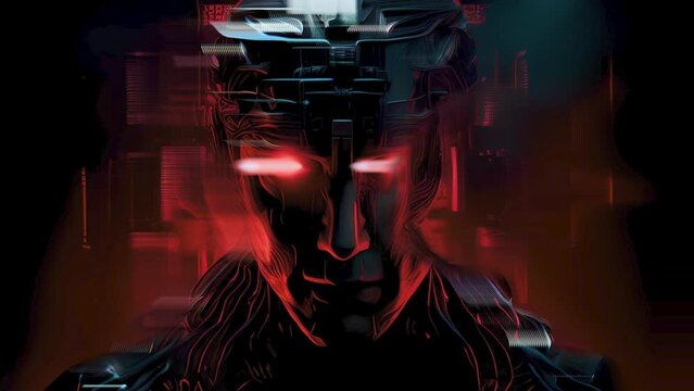A cybernetically enhanced hacker with glowing red eyes, physically merging with a massive mainframe computer, their consciousness diving deep into its depths.