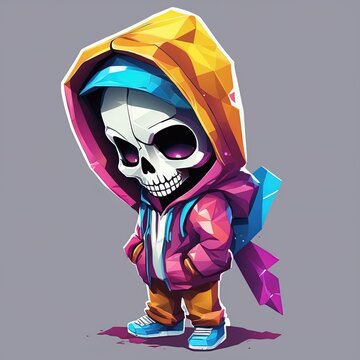 halloween skull dressed in a blue costume and a hood halloween skull dressed in a blue costume and a hood cute little skull with a hood and a backpack. cartoon character. halloween illustration of a b