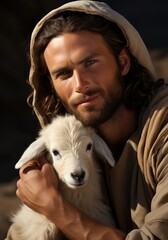 Jesus holding a baby sheep in his arms. Imaginary photorealistic image.