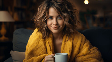 Gemütlicher Herbst Morgen: Junge Frau genießt eine Tasse Kaffee oder Tee in ihrem behaglichen und kuscheligen Zuhause. Warmgetränk. Frau hält Tasse. Kuscheln und entspannen Zuhause im Herbst.  - obrazy, fototapety, plakaty
